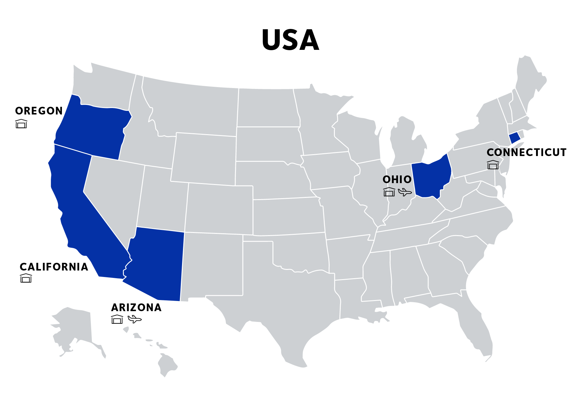 Mapa USA s vyznačením specializované infrastruktury pro polovodičovou operativu